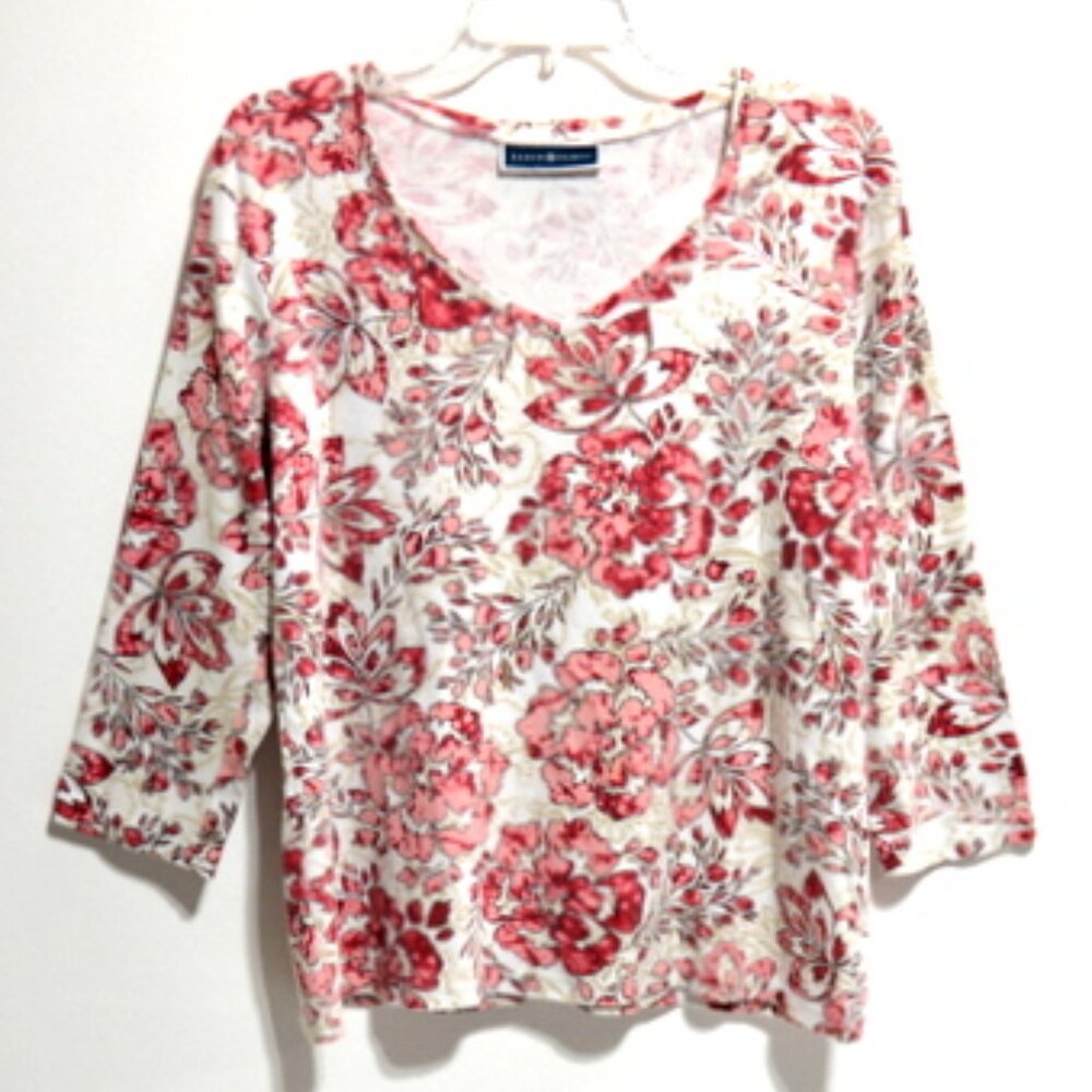 Karen Scott Women’s Red Floral Print V-Neck 3/4 Sleeve Top – Size: Large